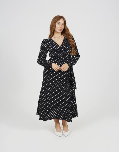 Brave Soul Polka dot v-neck midi dress in black - view 1