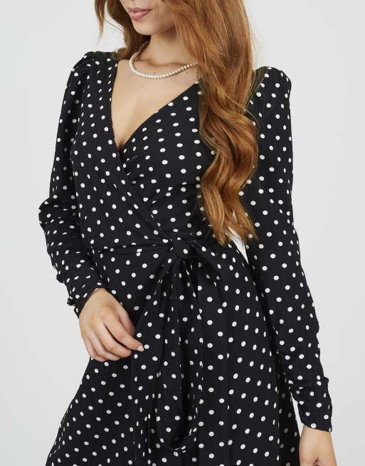 Brave Soul Polka dot v-neck midi dress in black, 4 of 4