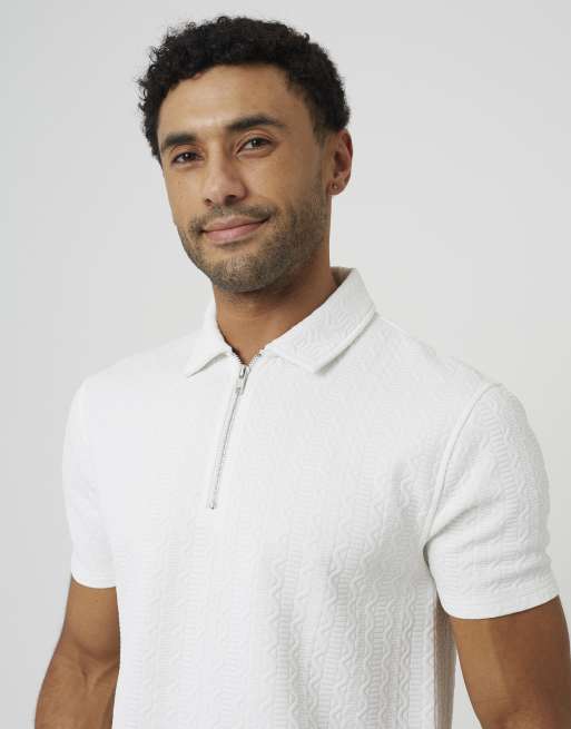 Brave Soul - Polo a maniche corte bianco sporco con zip corta, 4 di 4