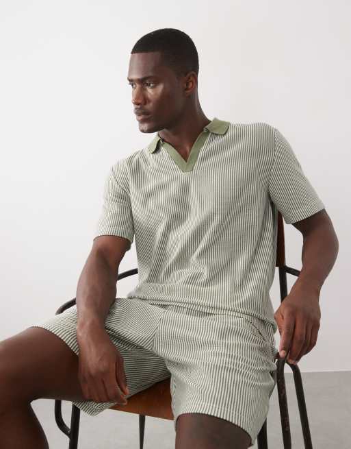 Brave Soul - Coordinato a righe verde salvia ed écru con polo e pantaloncini, 2 di 3