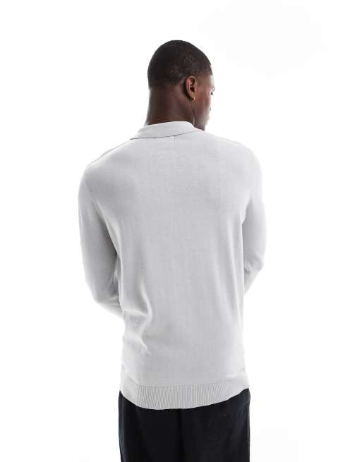 Brave Soul - Polo a maniche lunghe in maglia grigio chiaro, 2 di 4