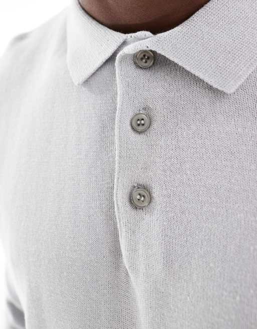 Brave Soul - Polo a maniche lunghe in maglia grigio chiaro, 4 di 4