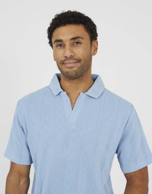 Brave Soul - Polo azzurra in jacquard con colletto aperto, 4 di 4