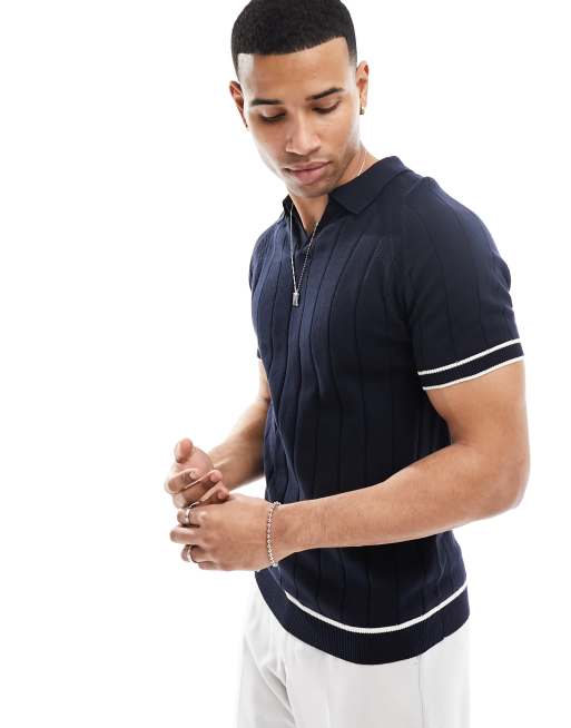 Brave Soul - Polo blu navy in maglia testurizzata con colletto aperto