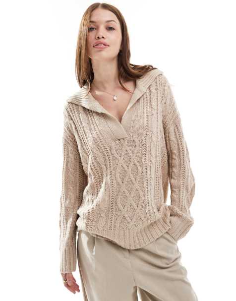 Brave Soul polo collar cable knit jumper in beige - view 1
