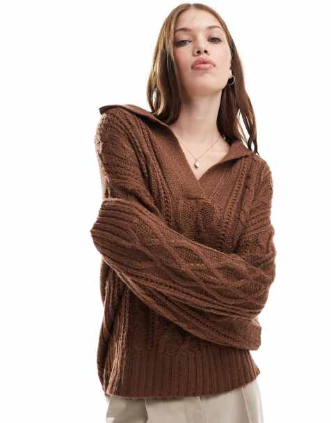 Brave Soul polo collar cable knit jumper in light brown - view 1