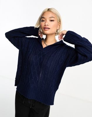 Brave Soul polo collar cable knit jumper in navy