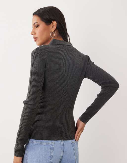 Brave Soul polo collar jumper in charcoal grey, 4 of 4