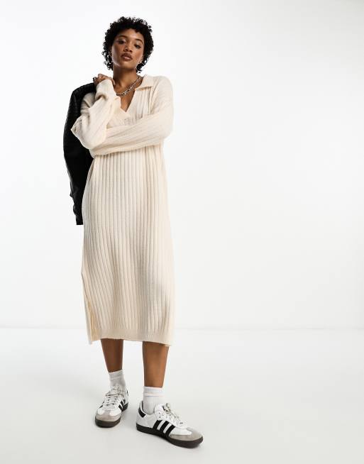 Brave Soul polo collar long sleeve ribbed midi dress in cream 
