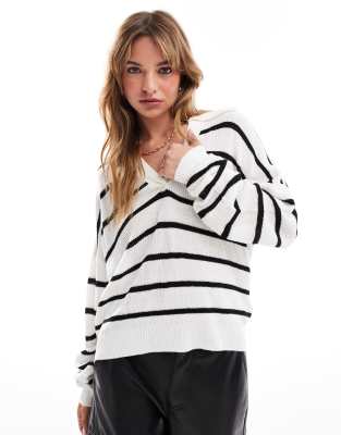 Brave Soul polo collar striped jumper in white & black