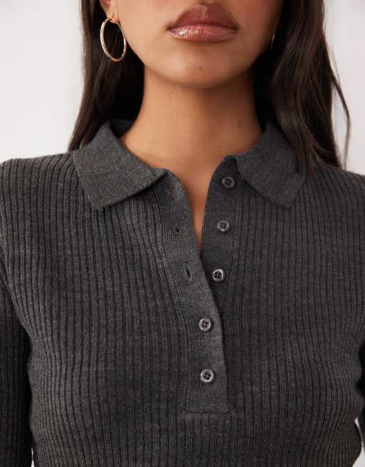 Brave Soul polo collar sweater in charcoal gray, 3 of 4