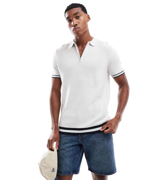 Brave Soul - Polo con zip sul collo in maglia colore neutro con finiture a contrasto - view 1