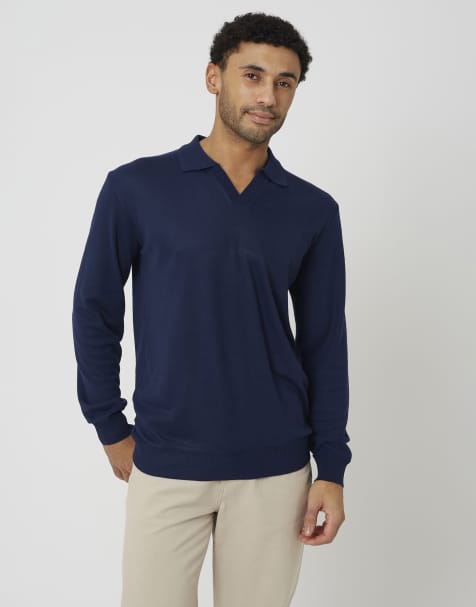 Brave Soul polo de punto de manga larga con cuello 'trophy' en azul marino oscuro - view 1