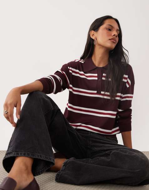 Brave Soul polo in maglia a righe marrone, rosso e avorio - view 1