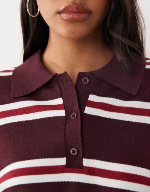 Brave Soul polo in maglia a righe marrone, rosso e avorio, 3 di 4