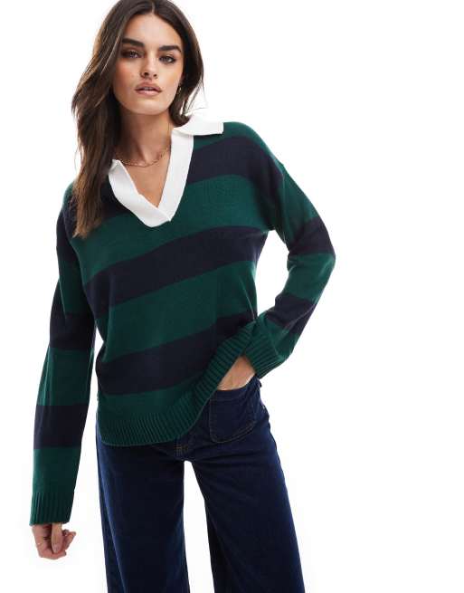 Brave Soul - Polo in maglia verde a righe con colletto a contrasto