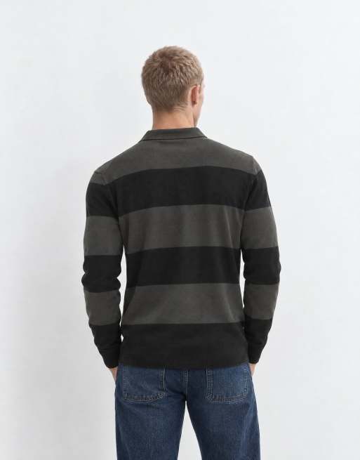 Brave Soul polo knitted jumper in black and grey stripe, 10 of 10