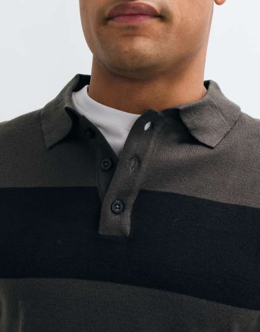 Brave Soul polo knitted jumper in black and grey stripe, 2 of 10