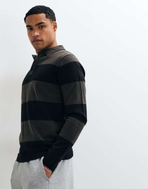 Brave Soul polo knitted jumper in black and grey stripe, 3 of 10
