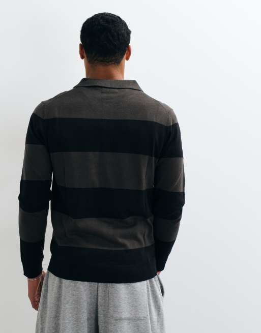 Brave Soul polo knitted jumper in black and grey stripe, 5 of 10