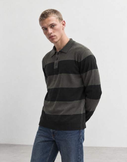Brave Soul polo knitted jumper in black and grey stripe, 7 of 10