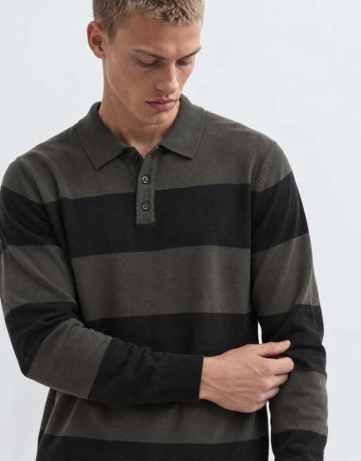 Brave Soul polo knitted jumper in black and grey stripe, 8 of 10