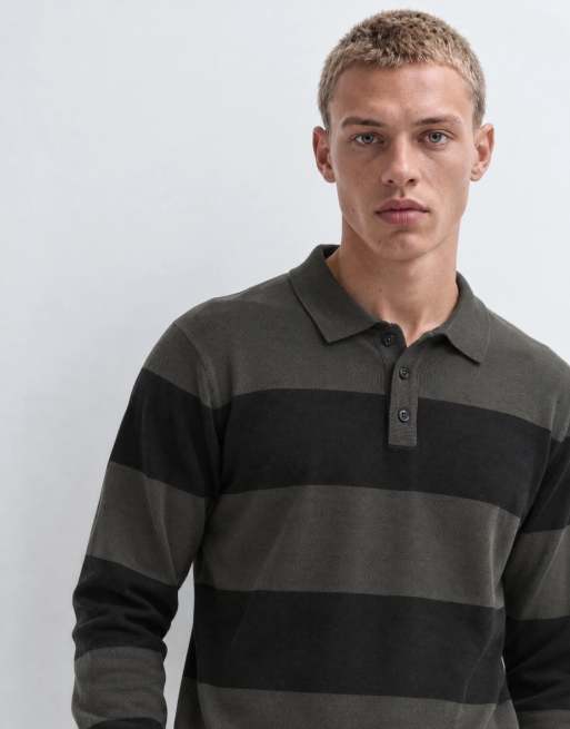 Brave Soul polo knitted jumper in black and grey stripe, 9 of 10