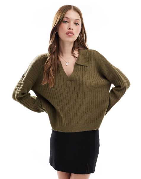 Brave Soul – Polo-Pullover in Khaki mit V-Ausschnitt - view 1