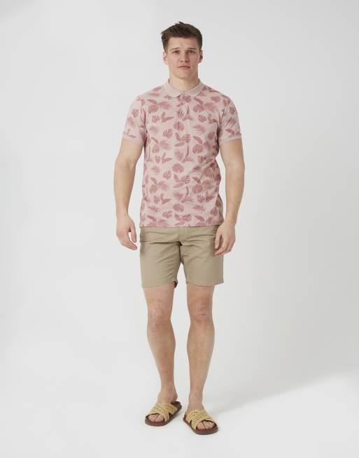 Brave Soul – Polohemd aus Baumwolle in Rosa mit Blattmuster, 3 von 4