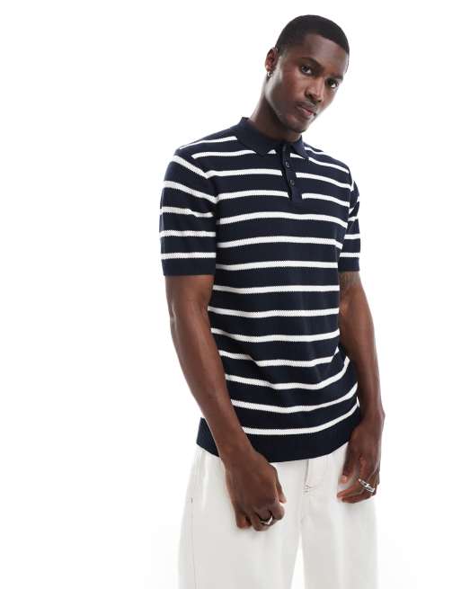 Brave Soul – Polohemd aus strukturiertem Strickmaterial in Marineblau mit Streifen