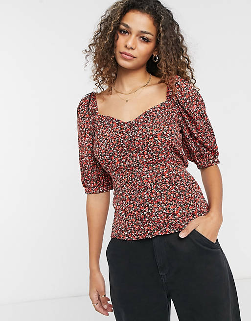 Brave Soul Poppy puff sleeve pephem blouse in ditsy floral print