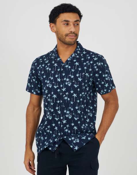 Brave Soul Printed revere collar shirt in navy - view 1