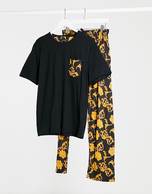 Brave Soul printed t-shirt and trouser pyjama in black