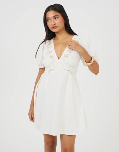 Brave Soul Puff sleeve mini dress with floral embroidery in cream - view 1