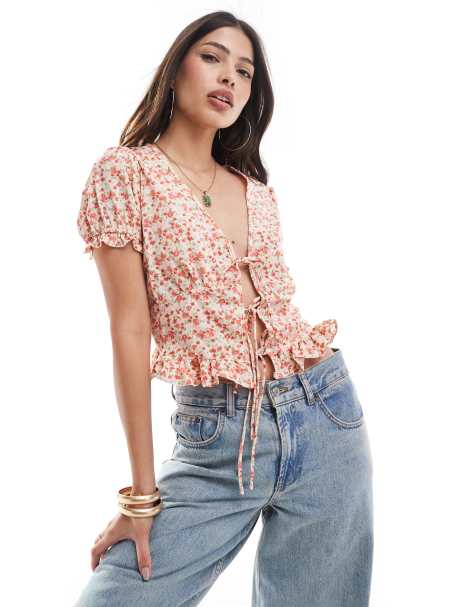 Brave Soul puff sleeve tie front floral top in pink - view 1