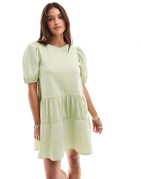 Brave Soul puff sleeve tier dress in sage green - view 1