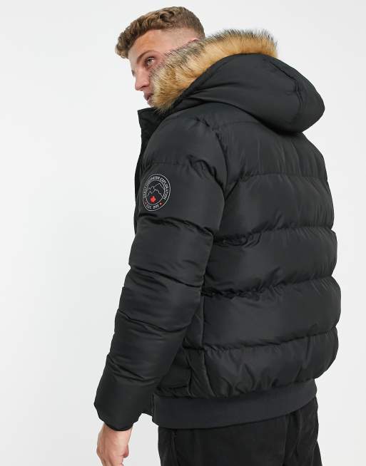 Brave Soul puffer bomber jacket with faux fur hood in black