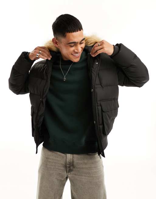 Puffer bomber jacket clearance with fur hood