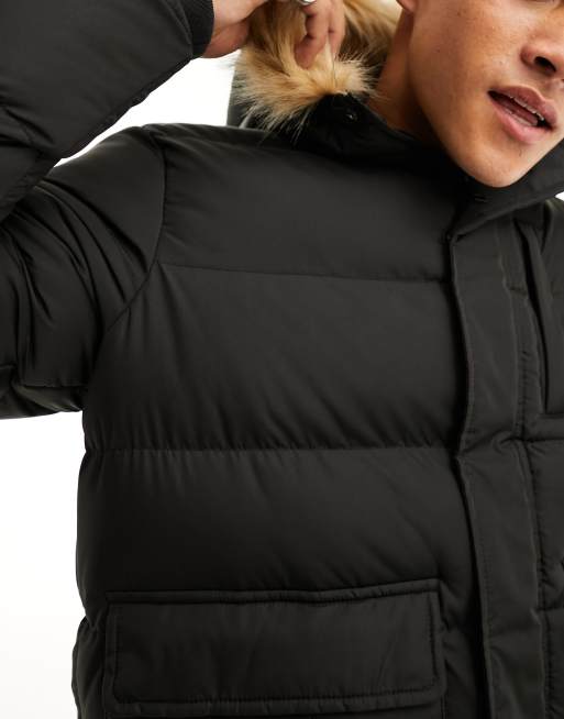 Brave Soul puffer bomber jacket with faux fur hood in black