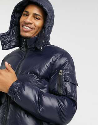 black hooded puffer jacket with funnel neck