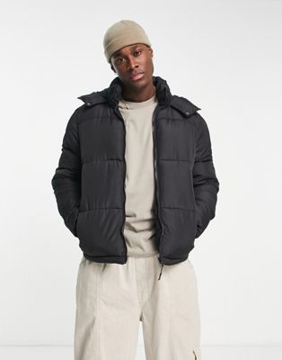 Shop Brave Soul Puffer Jacket With Hood In Black