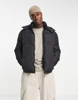 Brave Soul Puffer Jacket With Hood In Black