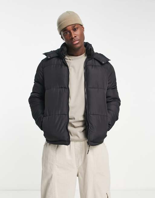 Brave Soul puffer jacket with hood in black | ASOS