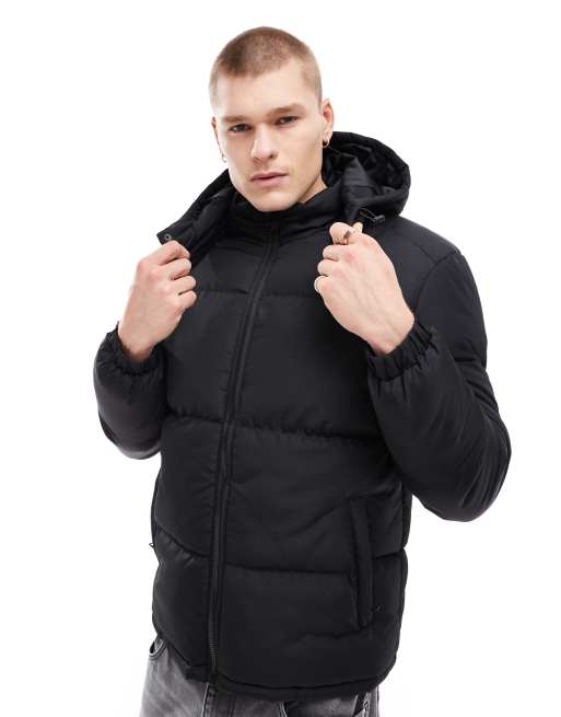 Brave Soul puffer jacket with hood in black