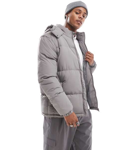 Brave Soul puffer jacket with hood in light grey - view 1