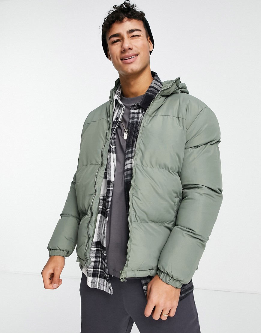 Brave Soul Puffer Jacket With Hood In Sage-green | ModeSens