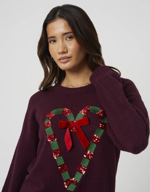 Brave Soul pull à sequins candy cane Christmas bordeaux, 4 de 4