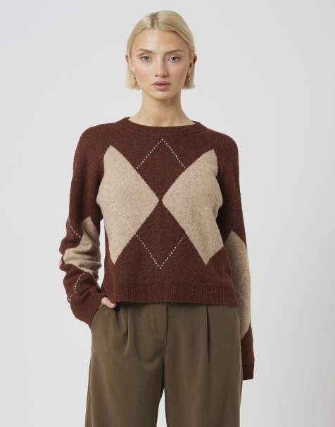 Brave Soul pull col rond argyle marron - view 1
