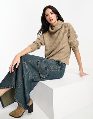 Brave Soul roll neck jumper with oversized cuff in mushroom - ASOS Price Checker