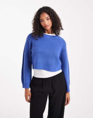 Pull court ras de cou en maille - Bleu L